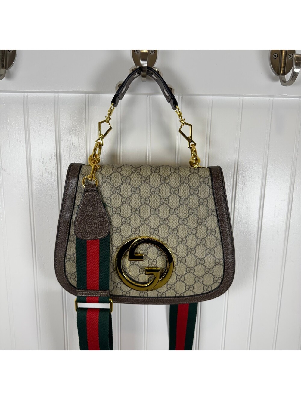 Gucci Blondie Medium GG Supreme Top Handle Shoulder Bag Web Strap Tan Brown